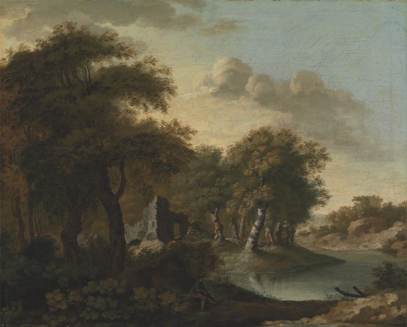 A View Near Arundel, Sussex, with Ruins by George Smith, oil on canvas depicting a tranquil waterway and ruins.