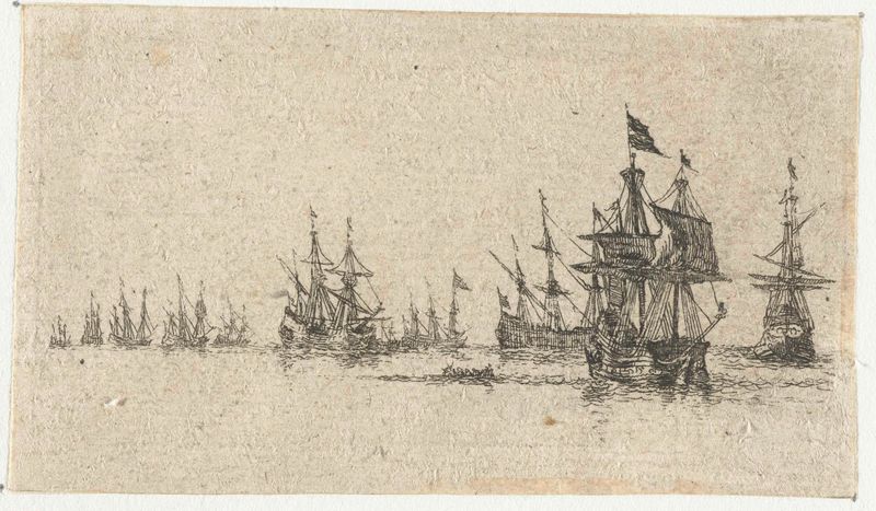 Kleine zeegezicht met een vloot van schepen, grabado de Unknown Artist, que representa barcos en el océano.