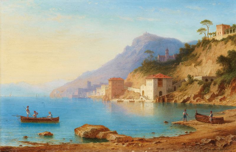 View Of The Amalfi Coast, oil on canvas by Carl Ernst Morgenstern, depicting cliffs and the Mediterranean.