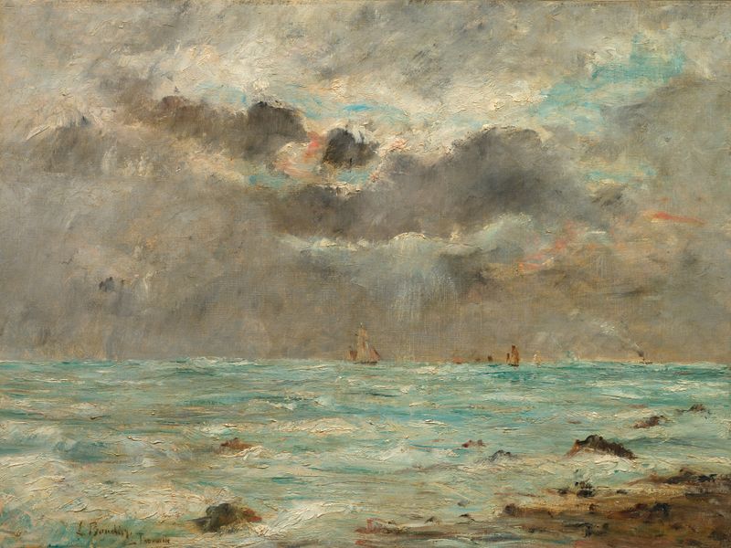 La Costa en Trouville de Eugène Boudin, pintura al óleo que representa un paisaje marino sereno.