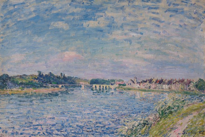 La Seine à Saint-Mammès, le soir de Alfred Sisley, óleo que representa un paisaje sereno del río al anochecer