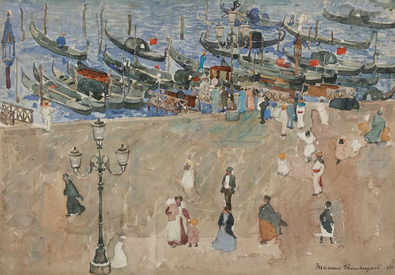 Gray Day, Venice by Maurice Prendergast, figures with umbrellas in a misty canal scene, oil painting.