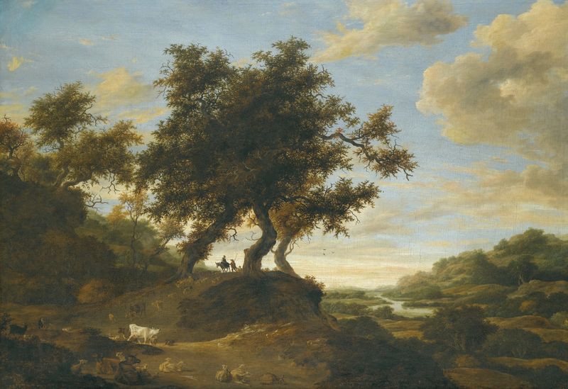 Paisagem com pastores em terreno elevado, rio e árvores de Jacob Salomonsz. van Ruysdael, pintura a óleo