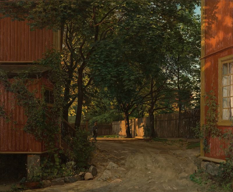 Aftenavisen kommer, Majorstuveien 8 de Amaldus Nielsen, óleo sobre tela retratando crianças ao pôr do sol.