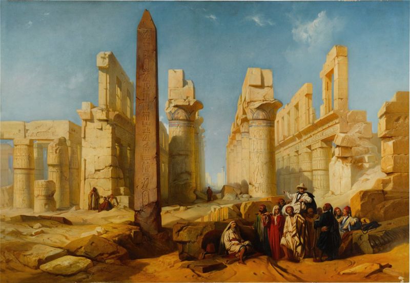 The Ruins of Karnak at Thebes, oil on canvas by Jacob Jacobs, featuring ancient columns and textures.