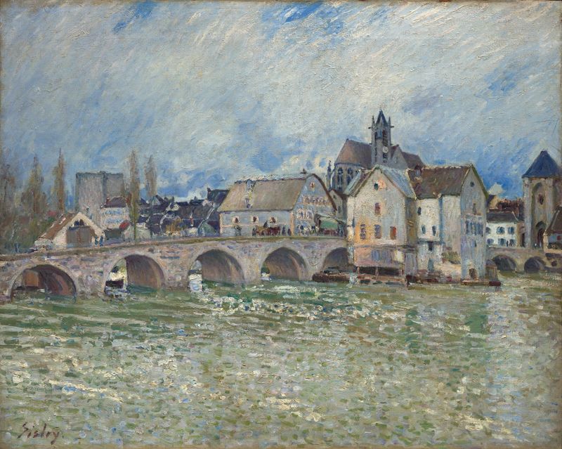 Le Pont de Moret-sur-Loing, temps de crue de Alfred Sisley, óleo sobre lienzo que representa un puente sobre un río inundado.