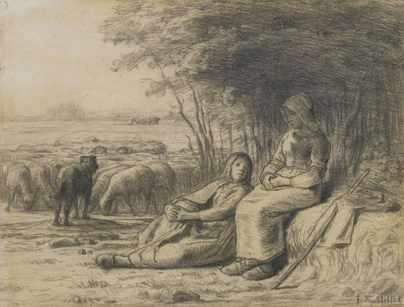 Two shepherdesses with their flock in an oil painting by Jean-François Millet