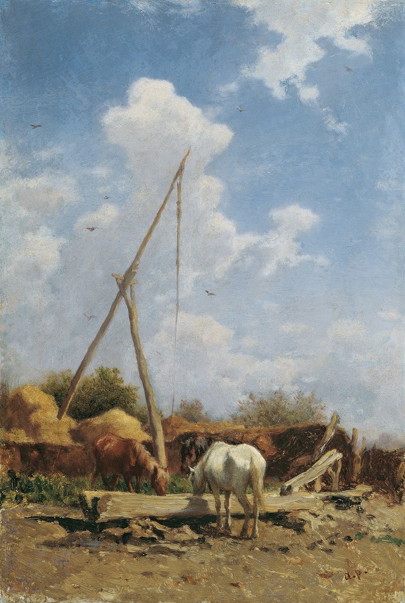 Realism oil painting by August von Pettenkofen depicting horses gathering around a water trough