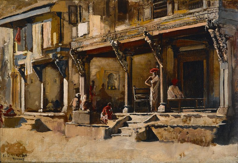 Genre scene depicting merchants along a street in Bombay by Edwin Lord Weeks, oil painting