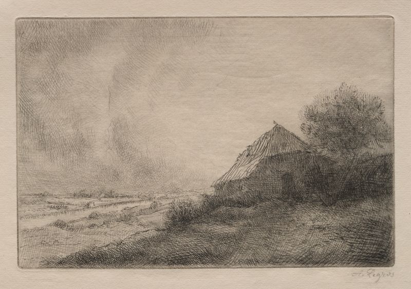 Hovel on the Hill de Alphonse Legros, óleo sobre lienzo que representa un paisaje rural con tonos terrosos.