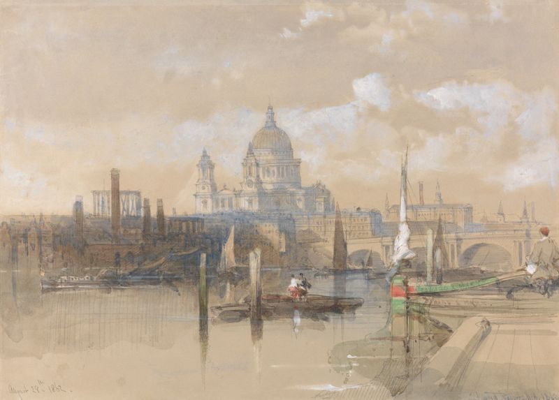 St. Paul’s de David Roberts, óleo sobre lienzo, que representa la catedral icónica con intrincados detalles y sombras.