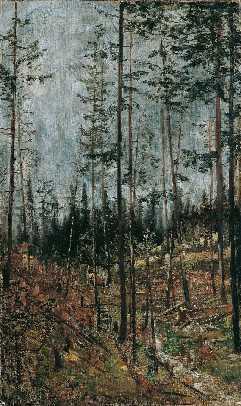 Waldschlag Bei Gödöllö pintura a óleo de Theodor Von Hörmann retratando uma serena paisagem florestal.