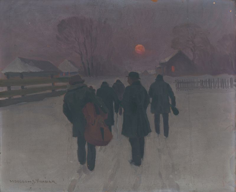 Impressionist oil painting by Jozef Teodor Mousson depicting musicians in a snowy landscape.