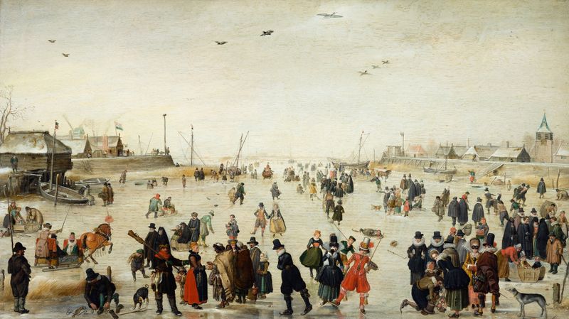 Winter Scene on a Frozen Canal, oil painting by Hendrick Avercamp showing figures skating on ice.