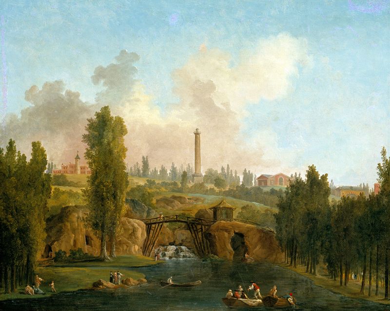 Vista do Parque de Méréville de Hubert Robert, pintura a óleo rococó que retrata uma paisagem tranquila com água e árvores.