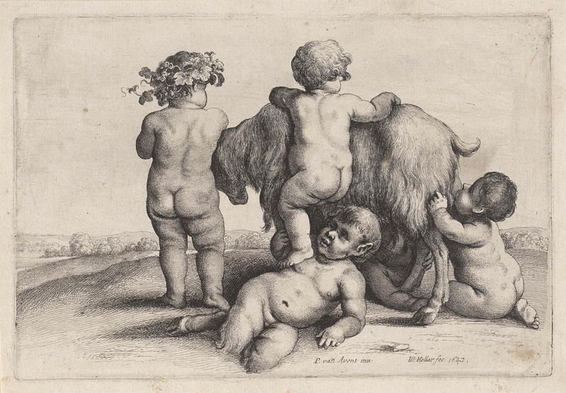 Gravura de Wenceslaus Hollar mostrando quatro meninos com um sátiro e uma cabra.