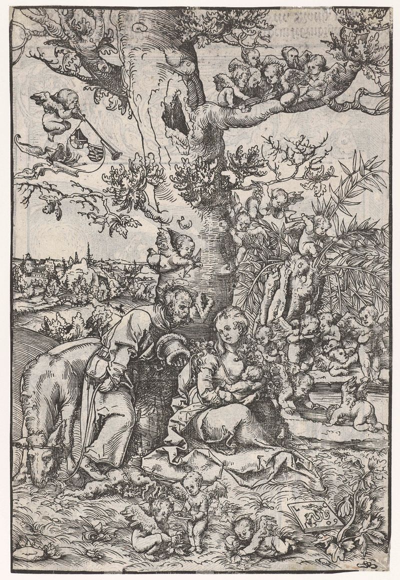 Rest on the Flight into Egypt de Lucas Cranach (I), papel, retratando a Virgem e a criança em uma paisagem serena.