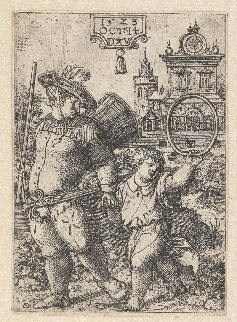 Grabado figurativo de Dirck Vellert que representa a un niño sosteniendo un tambor.