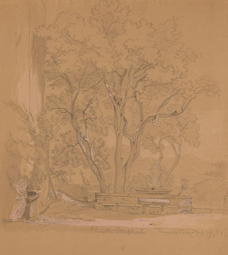 Jardín con fuente, flores y figura de Arthur Blaschnik, 1855