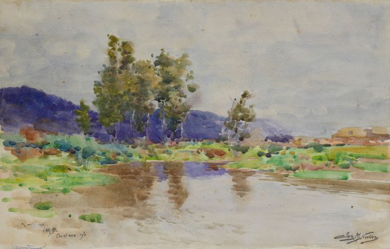 Silverstream by James Nairn, oil on canvas, depicting a river reflecting sunlight.