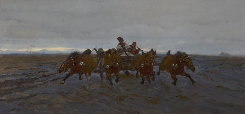 Four-in-Hand de Jozef Chelmonski, realismo que representa un carro en un suelo texturizado.