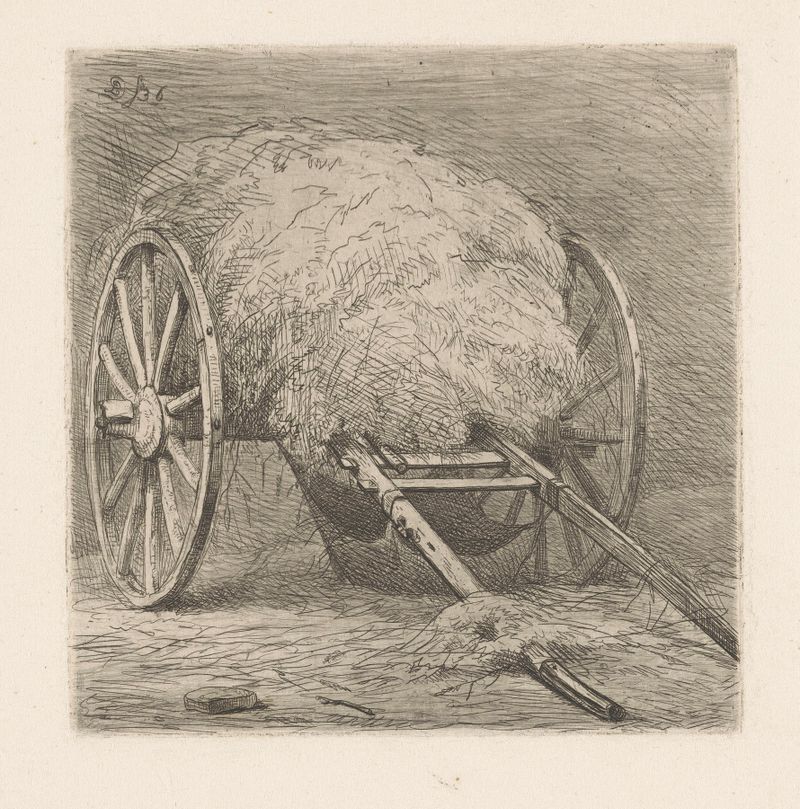 Gravura de Pierre Louis Dubourcq mostrando um carro com feno, 1836