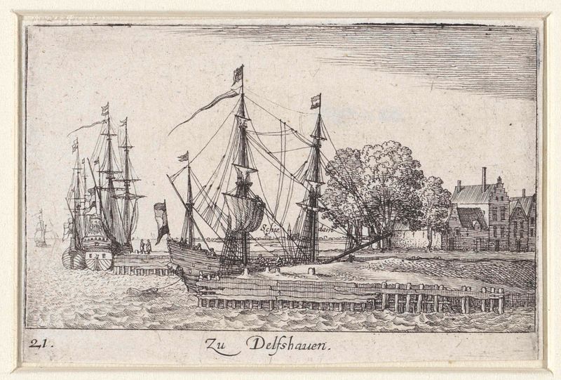 Grabado de Wenceslaus Hollar que representa barcos en el puerto de Delfshaven