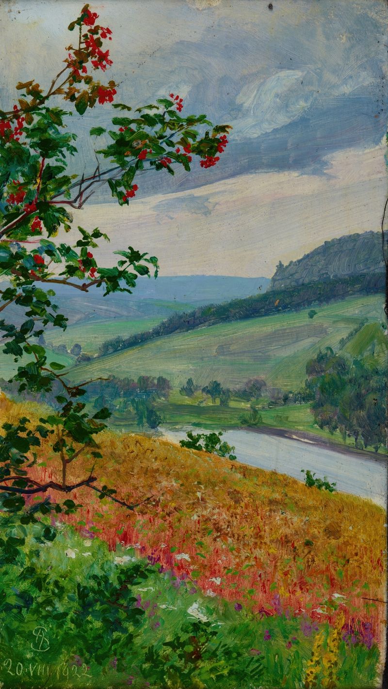 Viburnum de Ambroży Sabatowski, pintura al óleo con flores vibrantes y vegetación exuberante.