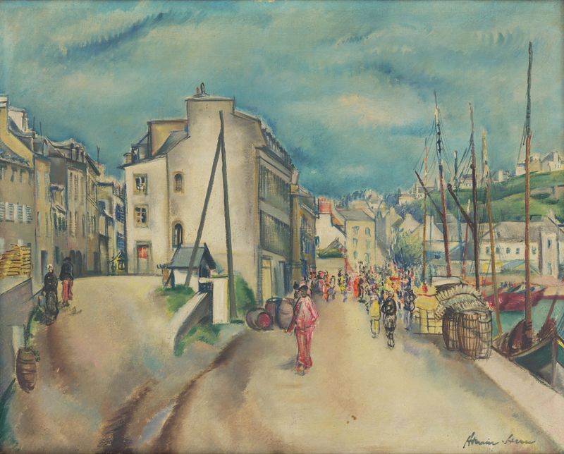 Port in Audierne de Armin Stern, óleo sobre tela que retrata um porto tranquilo com barcos e água refletiva.