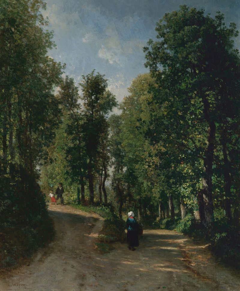 Road in the Woods de Constant Troyon, pintura a óleo de um caminho florestal com luz filtrando entre as árvores.