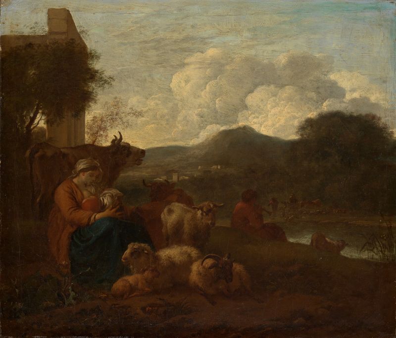 Genre scene of a mother nursing her child in a pastoral landscape, oil painting by Simon van der Does
