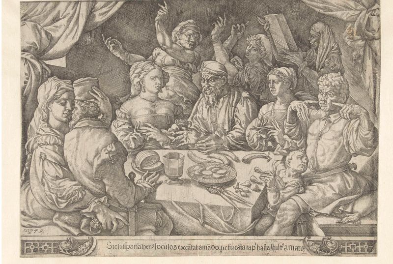 A Spanish Brothel, etching by Jan Cornelisz Vermeyen showing men in a brothel setting