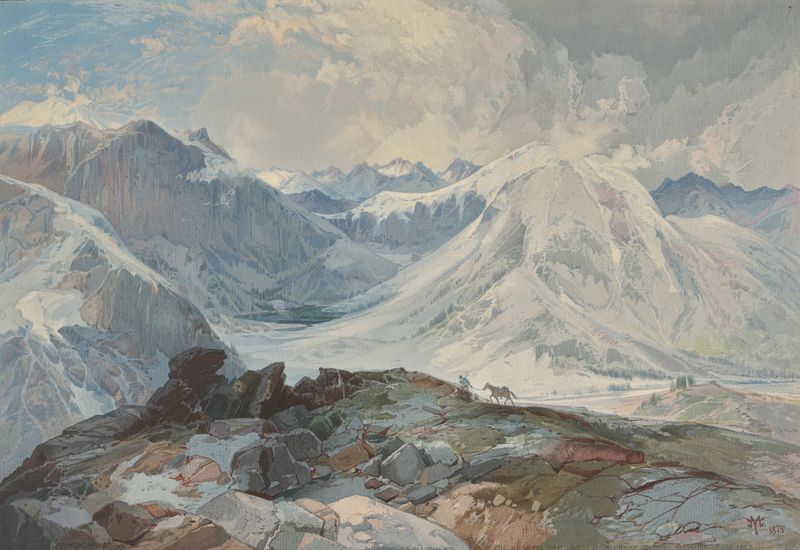 The Mosquito Trail de Thomas Moran, óleo que muestra un paisaje montañoso con un sendero serpenteante.