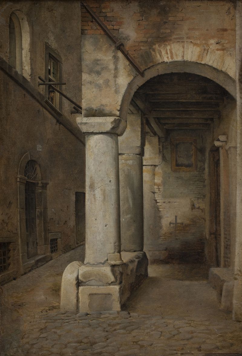 Un callejón romano en óleo sobre lienzo de Ernst Meyer