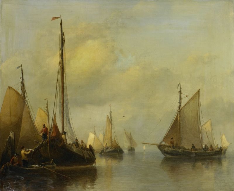 Fishing Boats on Calm Water by Antonie Waldorp, oil on canvas depicting boats on calm water