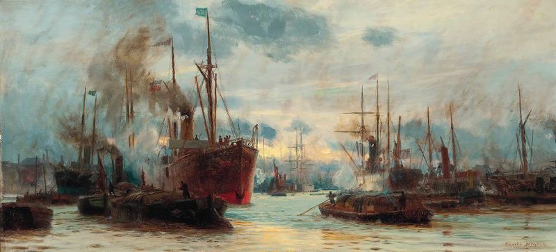 Cena marinha do Tâmisa com barcos, pintura a óleo de Charles William Wyllie