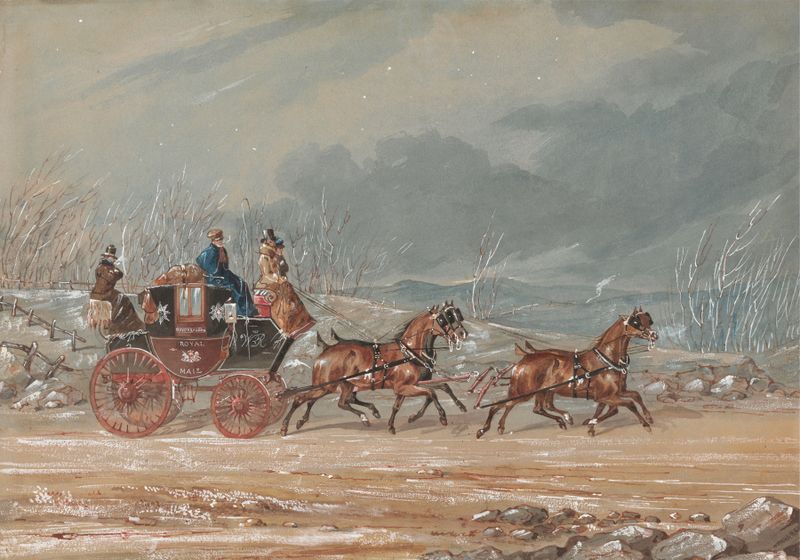The London-Dover Royal Mail by Charles B. Newhouse, oil on canvas showing a royal mail coach and horses.