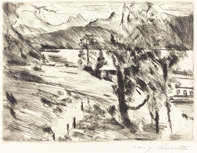 Walchensee Landscape by Lovis Corinth, oil on canvas depicting hills and water reflections