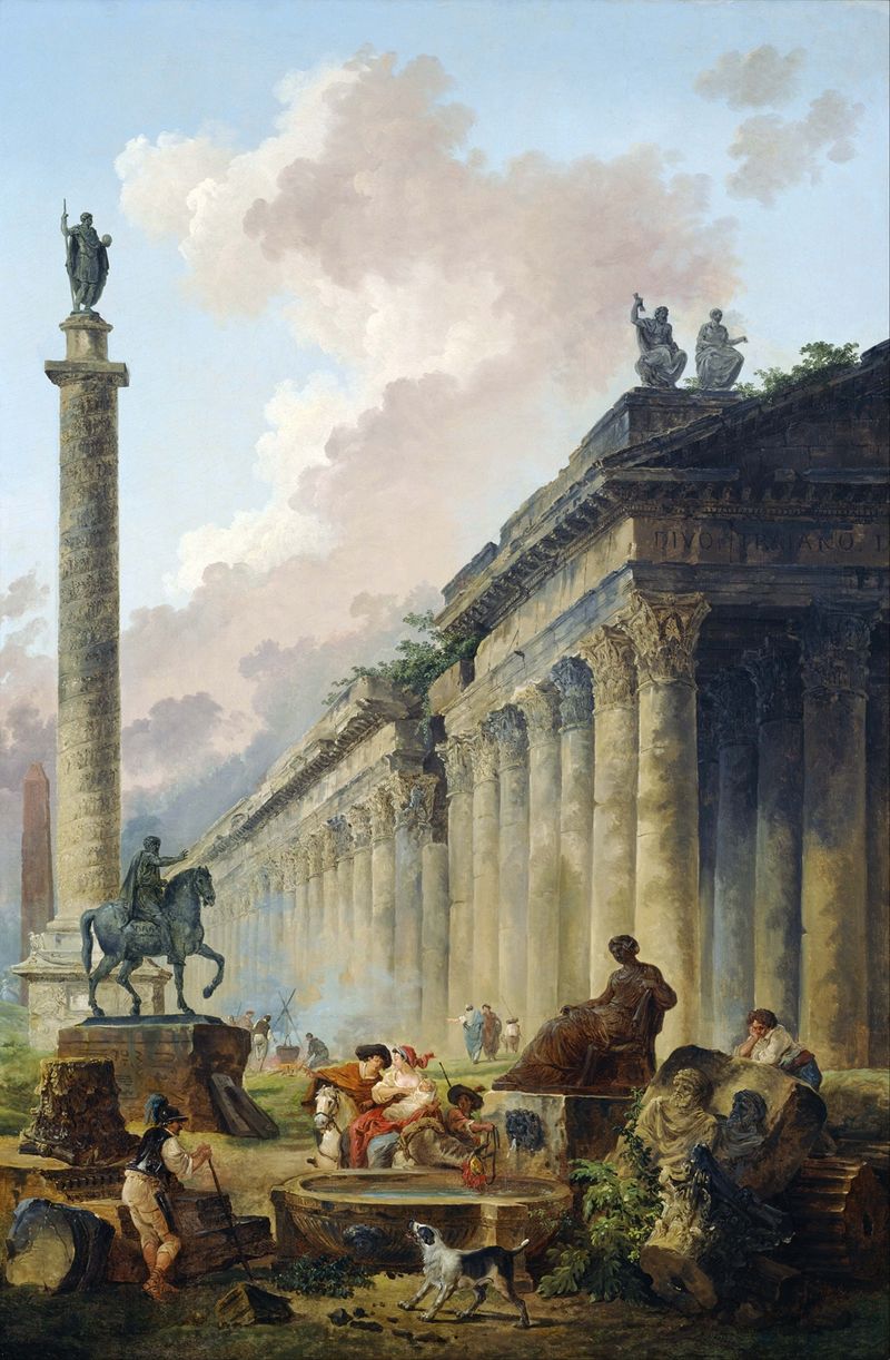 Estátua equestre de Marco Aurélio em uma paisagem por Hubert Robert, pintura a óleo