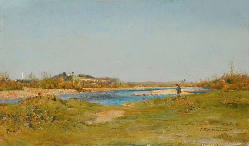 Fishermen near the river, oil on canvas by Ivan Pavlovich Pokhitonov