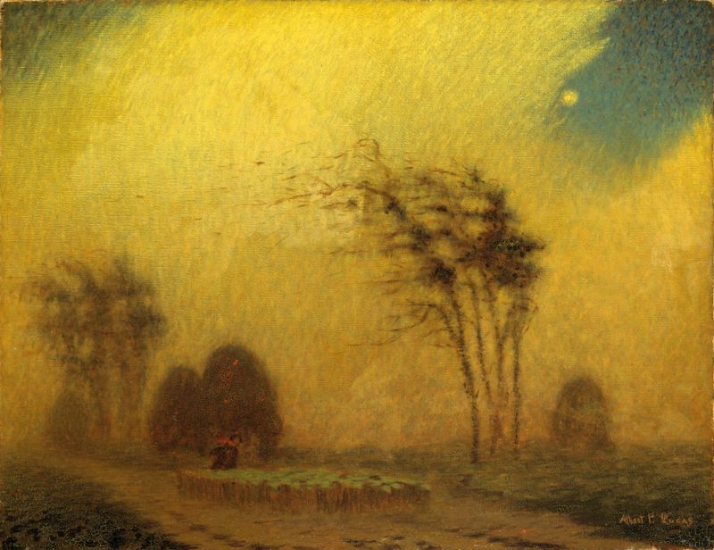 Octubre Brisas de Albert Pike Lucas, óleo sobre lienzo, representando un paisaje otoñal con tonos dorados.