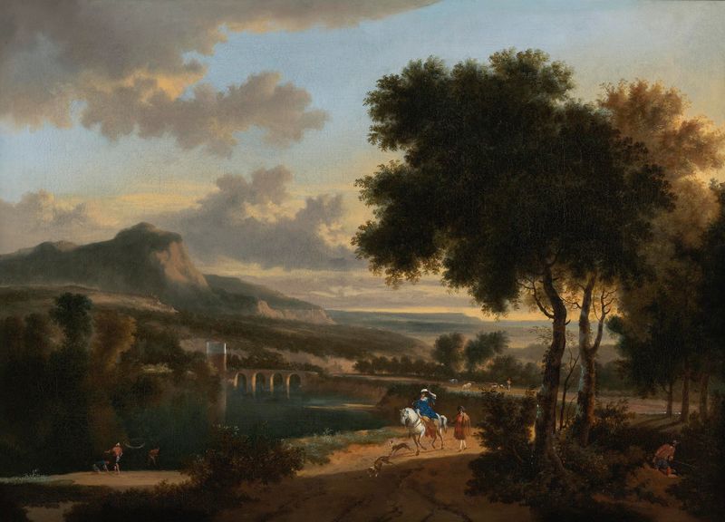 Landscape with travellers, fishermen, and cattle drovers by Jan Hackaert, oil painting