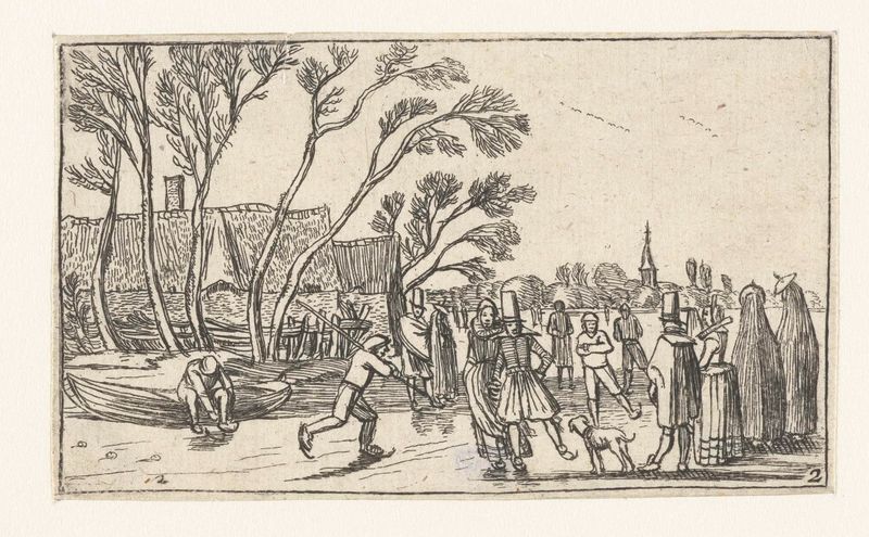 Schaatsers op het ijs bij een boerderij, gravura de Unknown Artist mostrando patinadores no gelo perto de uma fazenda.
