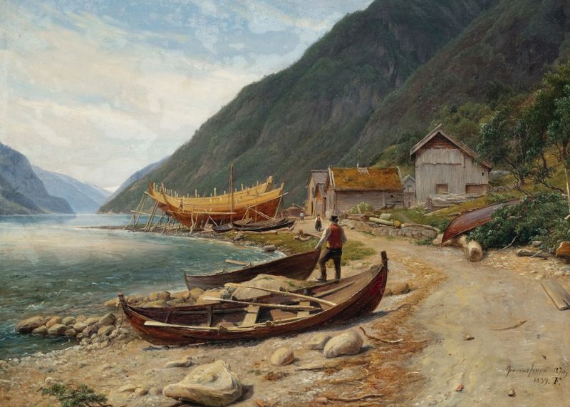 Gravensfjord by Thomas Fearnley, oil painting depicting a serene fjord landscape with soft hues.