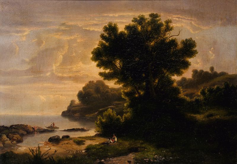Landscape with Family by Lake, pintura a óleo de Robert S. Duncanson, retratando uma família perto de um lago tranquilo.