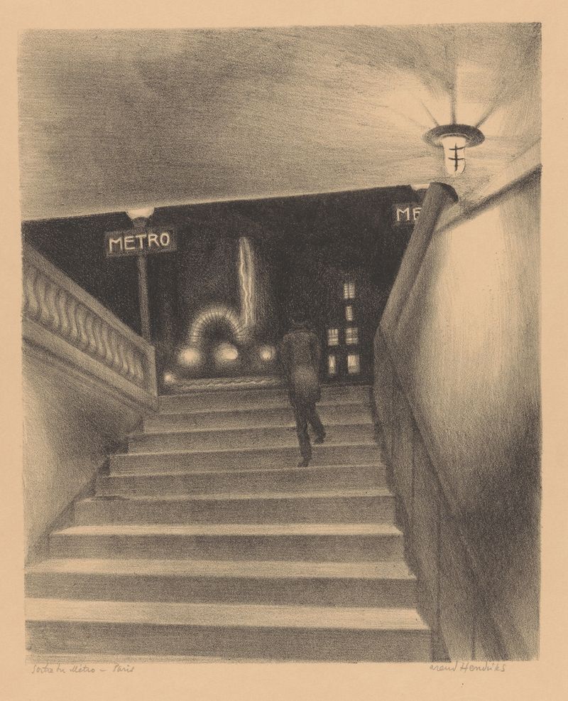 Obra figurativa que muestra figuras emergiendo de un metro, óleo de Arend Hendriks.