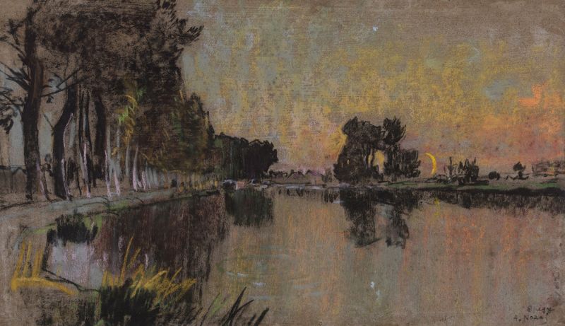 Landscape of Le Loing à Episy by Alexandre Nozal, depicting a river with trees, oil painting.
