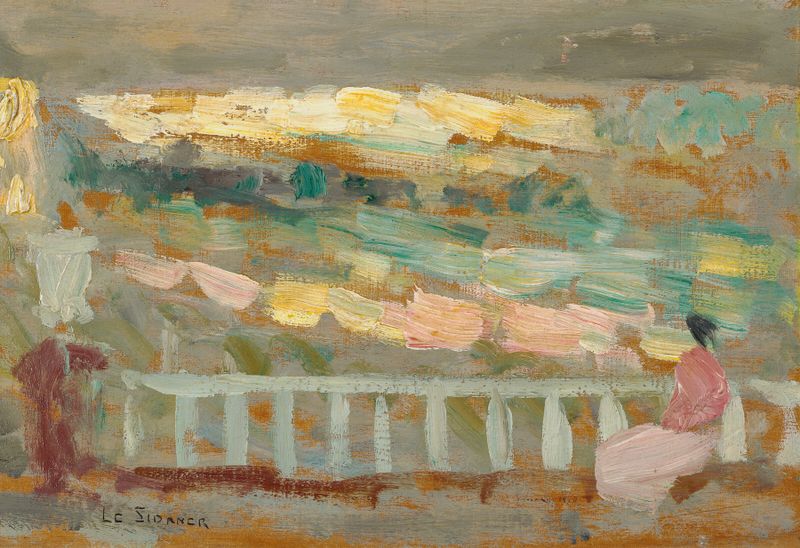 Interior scene of a terrace at twilight with flowers and a table, oil painting by Henri Le Sidaner