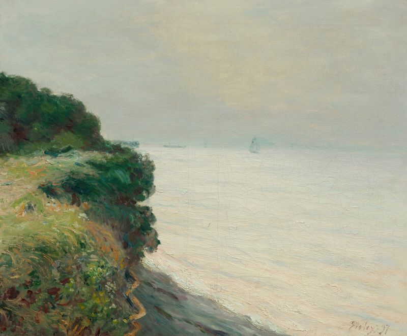 Paisaje de acantilados y mar en pintura al óleo de Alfred Sisley
