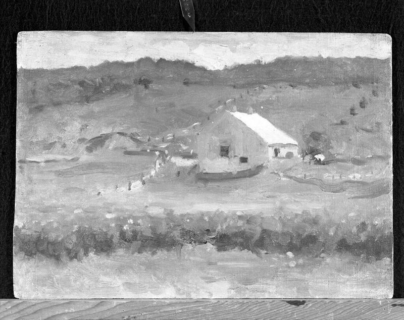 Landscape with Cabin, óleo sobre tela de Denman Waldo Ross, apresentando uma cabana em uma floresta tranquila.